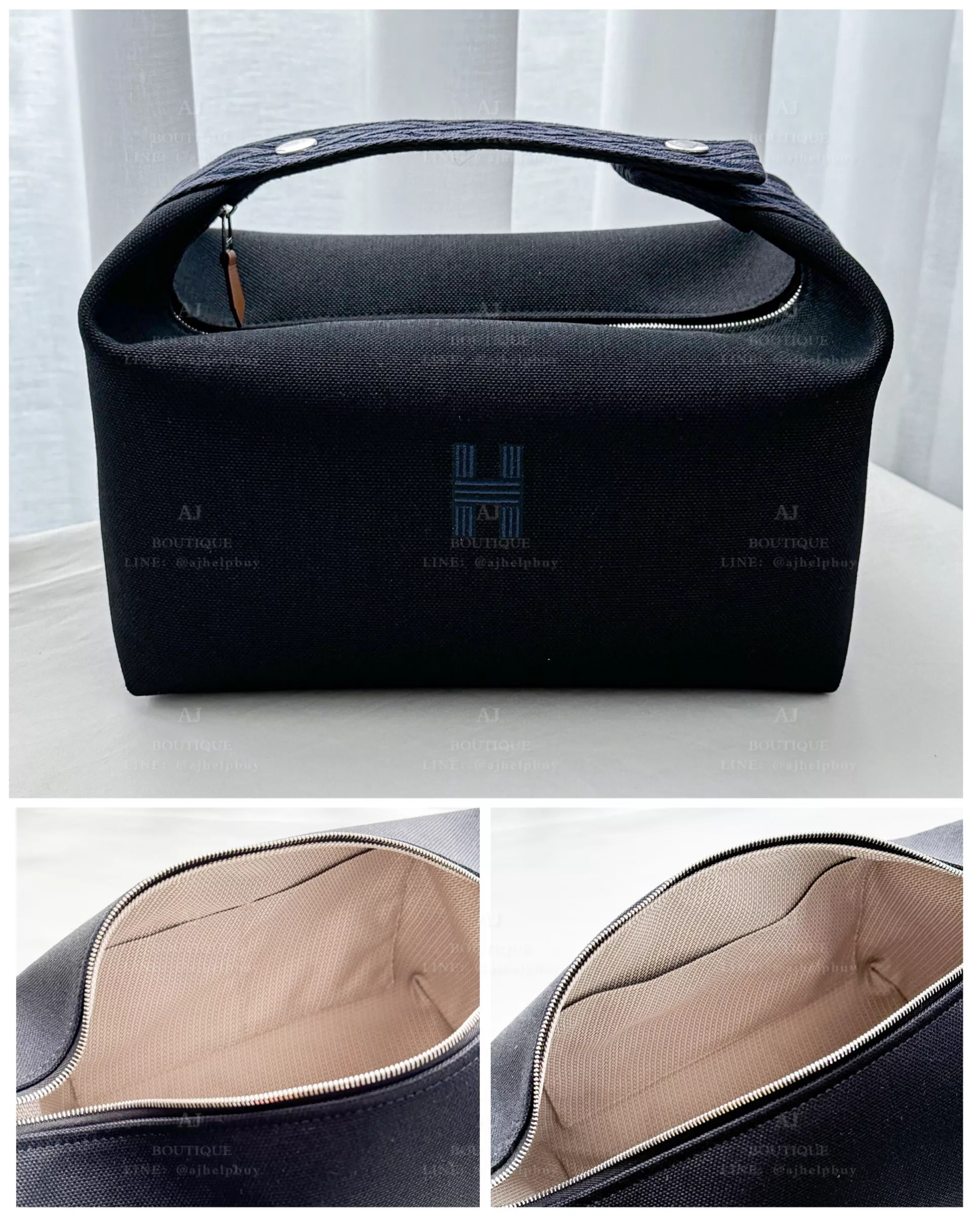 Hermes 化妝包 大款 黑色 深藍手把 代購主圖