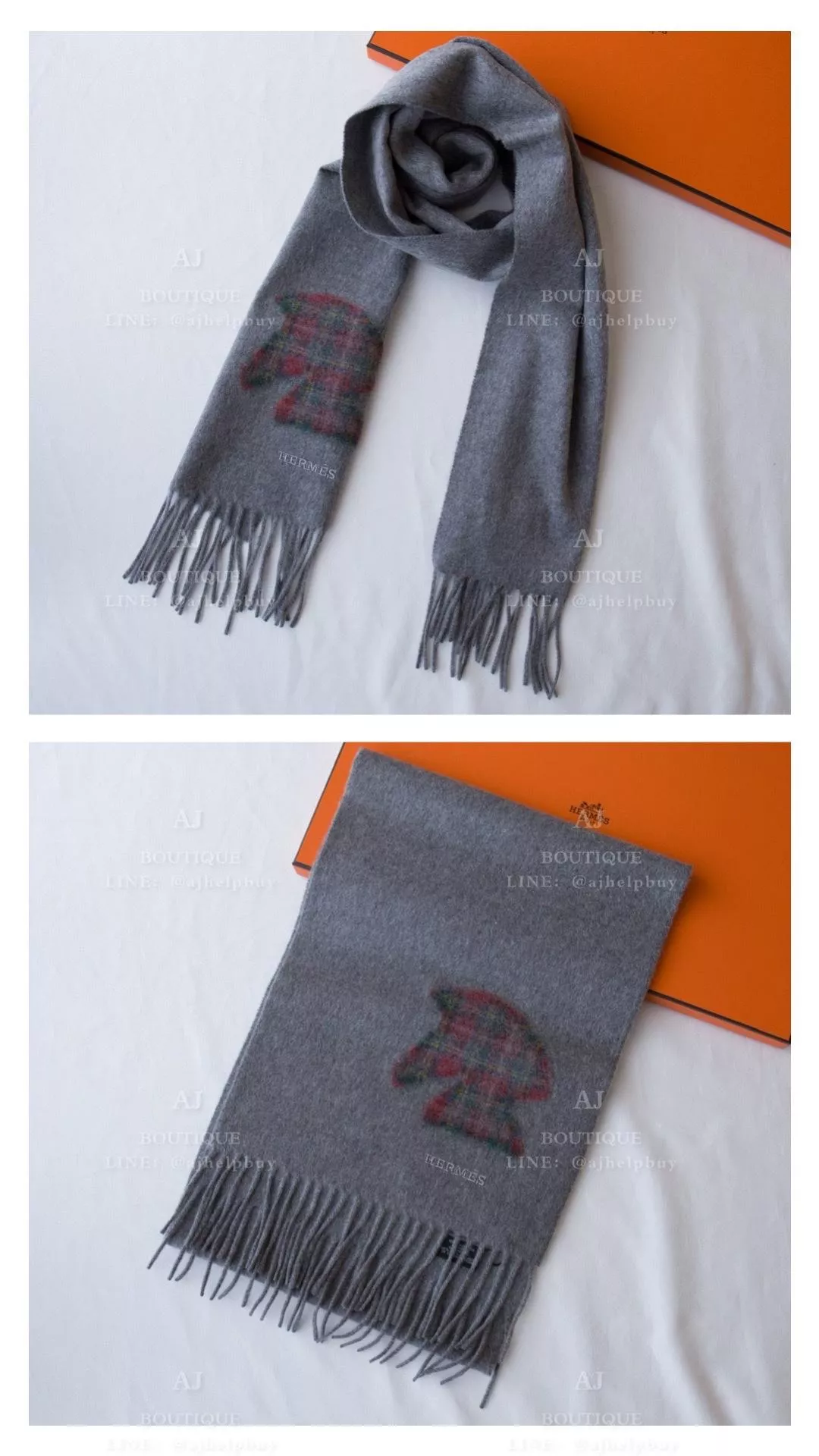 Hermes 小馬刺繡 羊絨圍巾 灰色 代購照片