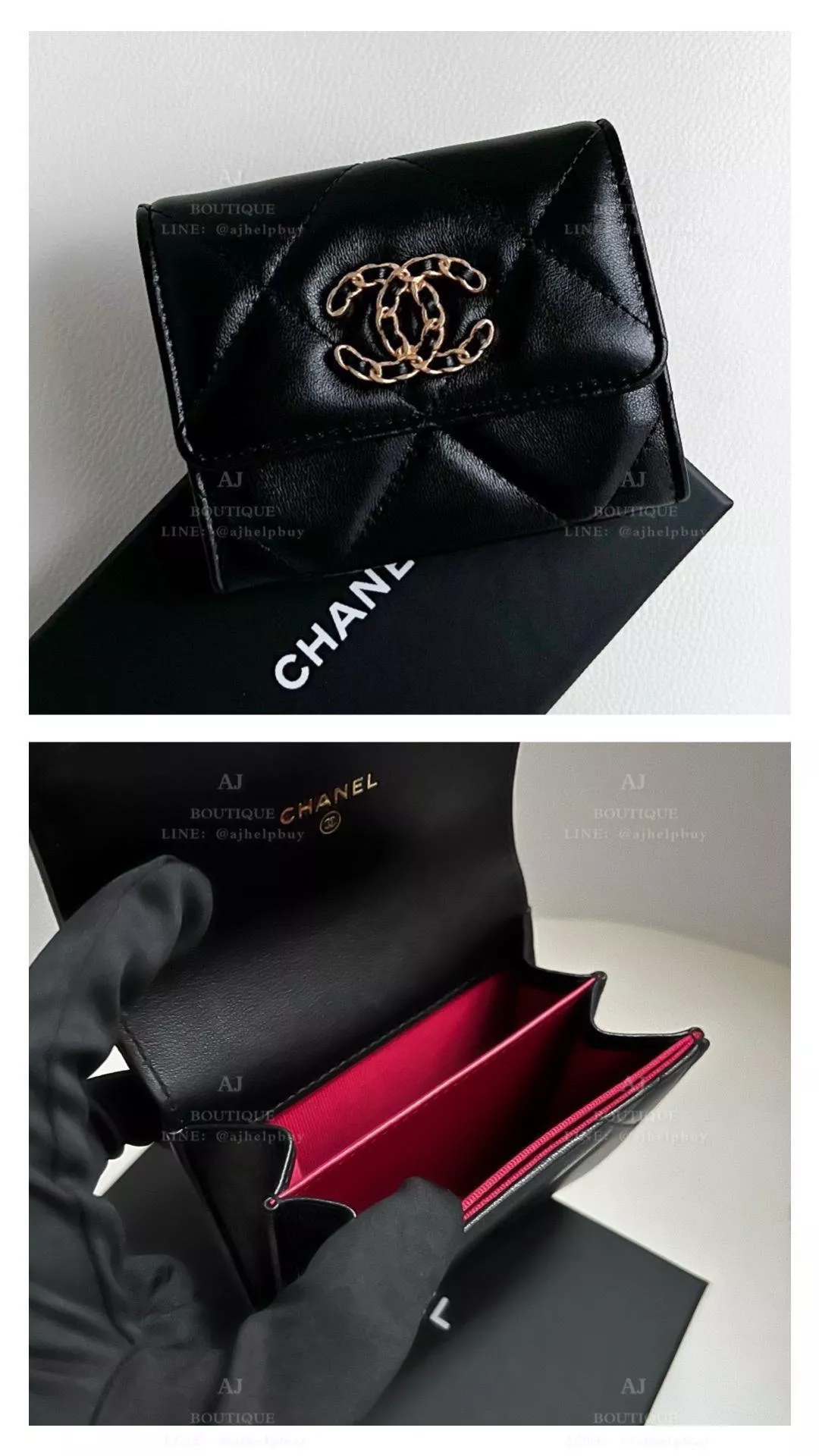 Chanel 19款 雙層卡包 黑金 代購照片